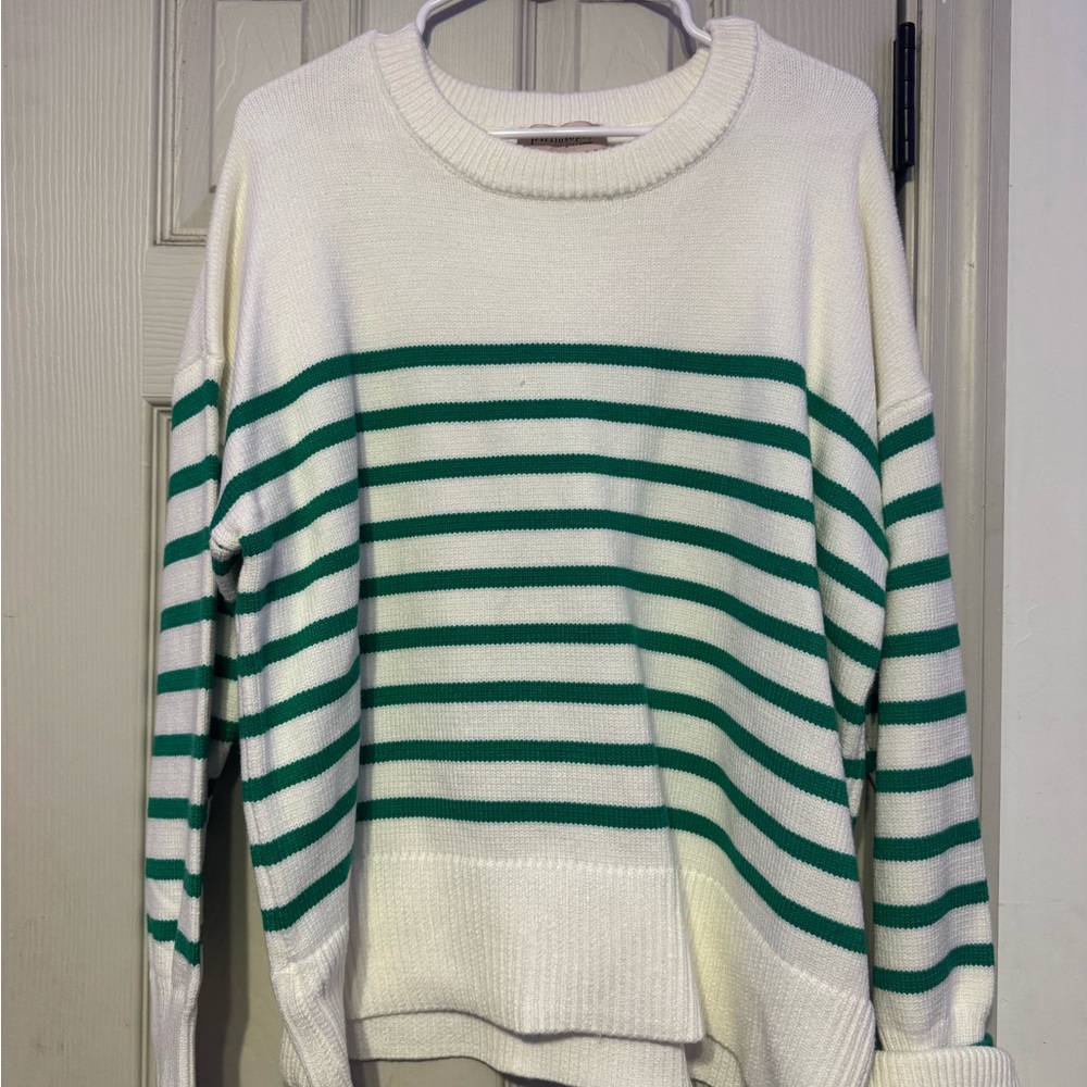 Philosophy Cream and Green Striped Crewneck Sweater